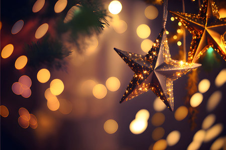 Large colorful stars on Christmas tree branches, bohek effect in the background, Christmas banner...