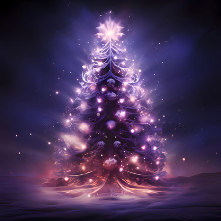 Christmas tree with lights on the background of a dark night. The Christmas star as a symbol of the birth of the savior. A Time of Joy and Celebration.の写真素材