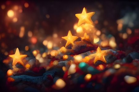 Golden stars, Christmas tree lights burning all around., Christmas banner with space for your own content. Light color background. Blank field for your inscription.の写真素材