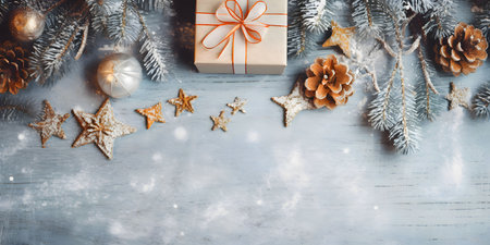 An overhead view of elegantly stacked gifts, stars, pinecones, pine branches and Christmas...