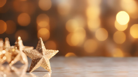 Golden stars in the foreground, golden bokeh effect in the back., Christmas banner with space for...
