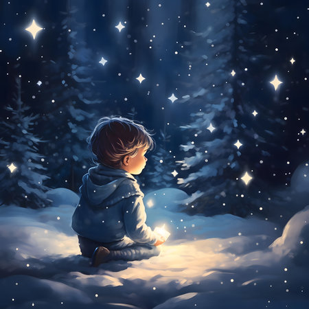 Illustration of a little boy in a winter landscape looking at the stars. The Christmas star as a symbol of the birth of the savior. A Time of Joy and Celebration.の写真素材