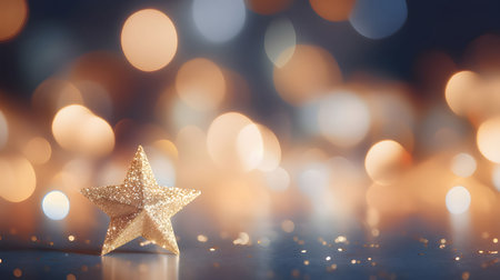 Golden stars in the foreground, golden bokeh effect in the back., Christmas banner with space for your own content. Light color background. Blank field for your inscription.の写真素材