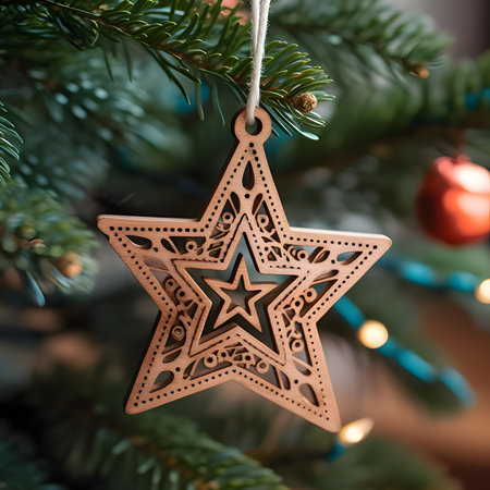Metal star hanging on a string on the background of a blurred Christmas tree. The Christmas star as a symbol of the birth of the savior. A Time of Joy and Celebration.の写真素材