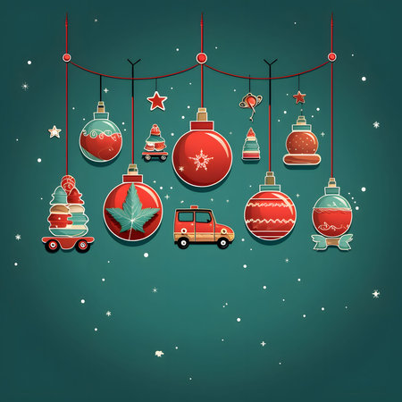 Red Bubbles and stars on a green background. Christmas card as a symbol of remembrance of the birth of the savior. A Time of Joy and Celebration.の写真素材