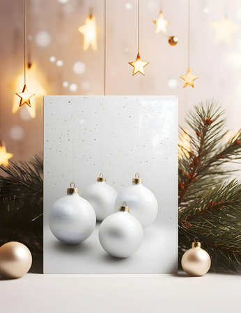 White blank card with white baubles, spruce branch all around, gold stars hanging at the top. Christmas card as a symbol of remembrance of the birth of the savior. A Time of Joy and Celebration.の写真素材