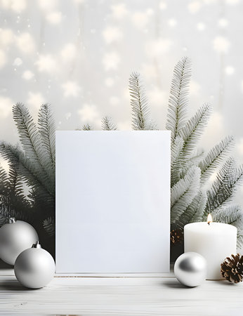 White blank card. Around it spruce branches, baubles and candles.Christmas banner with space for your own content. Light color background.の写真素材