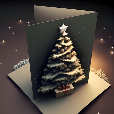 Christmas tree card with baubles and gifts. Christmas card as a symbol of remembrance of the birth of the savior. A Time of Joy and Celebration.の写真素材