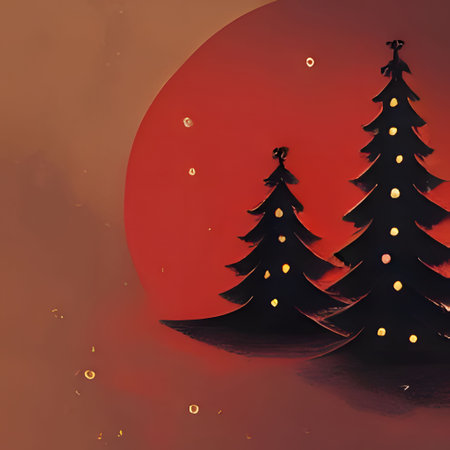 Painted with paint, watercolor two dark Christmas trees on a red background. Christmas card as a symbol of remembrance of the birth of the savior. A Time of Joy and Celebration.の写真素材