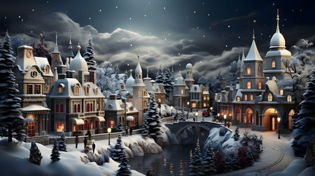 Illustration of winter city skyline at night. Christmas card as a symbol of remembrance of the birth of the savior. A Time of Joy and Celebration.の写真素材