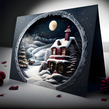 Winter landscape and house with spruce trees in a Christmas frame. Christmas card as a symbol of remembrance of the birth of the savior. A Time of Joy and Celebration.の写真素材