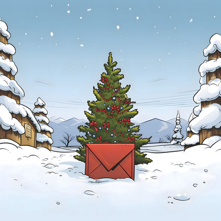 Illustration of a Christmas tree and in front of it a big red envelope with snow all around. Christmas card as a symbol of remembrance of the birth of the savior. A Time of Joy and Celebration.の写真素材