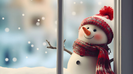 Merry dressed snowman on the right side. Snow falling bokeh effect in the background.Christmas banner with space for your own content. Light color background. Blank field for your inscription.の写真素材