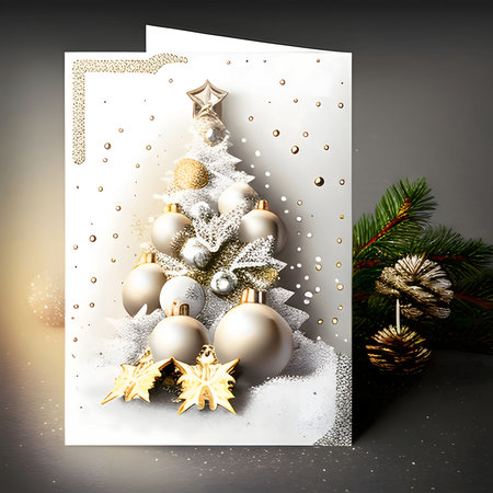 Christmas card with a Christmas tree and baubles. In the background a sprig of conifers. Christmas card as a symbol of remembrance of the birth of the savior. A Time of Joy and Celebration.の写真素材