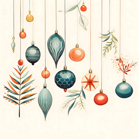 Hanging on strings colorful painted baubles on a white isolated background. Christmas card as a symbol of remembrance of the birth of the savior. A Time of Joy and Celebration.の写真素材