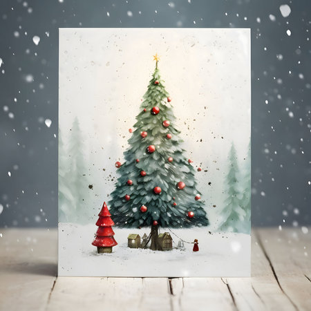 Christmas tree with Red Bombs on the card in the background falling snow. Christmas card as a symbol of remembrance of the birth of the savior. A Time of Joy and Celebration.の写真素材