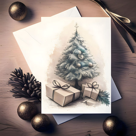 Card drawn Christmas tree with gifts around the bauble. Christmas card as a symbol of remembrance of the birth of the savior. A Time of Joy and Celebration.の写真素材