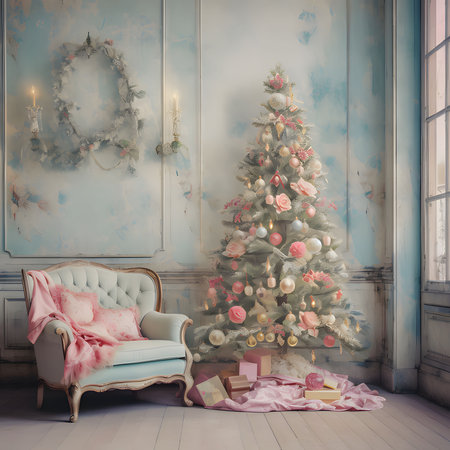 The interior of a rich house: a Christmas tree, gifts and a warm atmosphere. Christmas card as a symbol of remembrance of the birth of the savior. A Time of Joy and Celebration.の写真素材