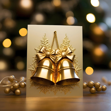 Two golden bells with a bow on the card. Christmas card as a symbol of remembrance of the birth of the savior.A Time of Joy and Celebration.の写真素材