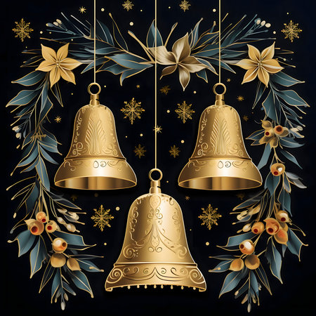 Three golden bells in the middle of the wreath. On the dark. Christmas card as a symbol of remembrance of the birth of the savior.A Time of Joy and Celebration.の写真素材