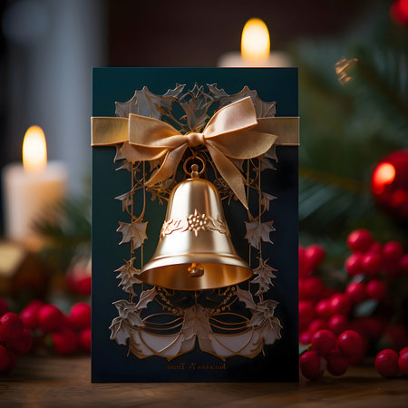 Christmas card with a golden bell, in the background baubles, pine branches and burning candles. Christmas card as a symbol of remembrance of the birth of the Savior. A time of joy and celebration.の写真素材