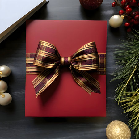Top view of red gift and tied bow. Christmas card as a symbol of remembrance of the birth of the Savior. A time of joy and celebration.の写真素材