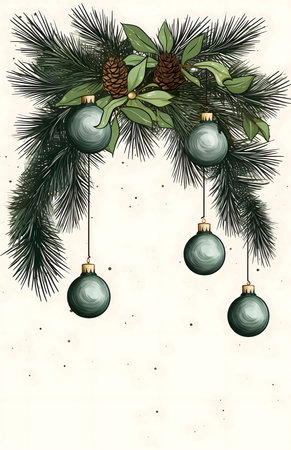 Christmas frame: pine branches, baubles hanging on strings. In the middle a white box with space for your own content. A time of joy and celebration.の写真素材