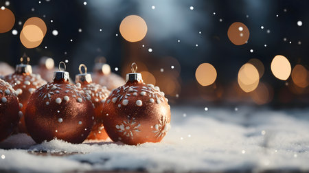 Golden baubles on white snow on the left. Orange bokeh effect in the background.Christmas banner with space for your own content. Blank field for the inscription.の写真素材