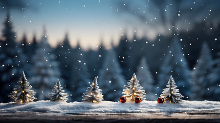 Small Christmas trees on white snow in the middle. Blurred background of pine trees. Side view.Christmas banner with space for your own content. Blank field for the inscription.の写真素材
