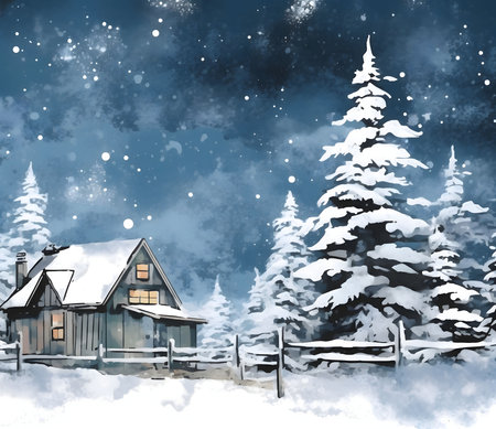 Illustration: winter landscape: pine trees covered with snow and a wooden house. Night. Christmas card as a symbol of remembrance of the birth of the Savior. A time of joy and celebration.の写真素材