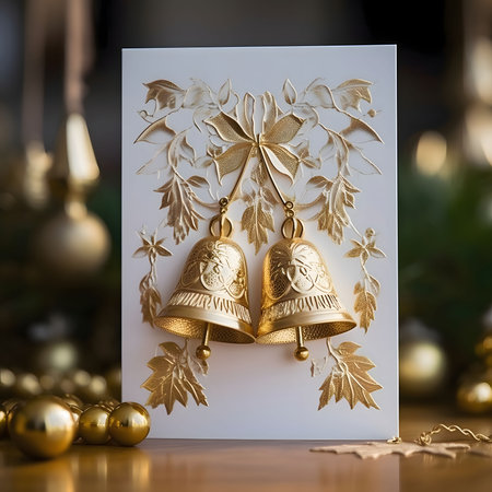 Card with golden bell and green leaf decorations. In the background blurred baubles and a Christmas tree. Christmas card as a symbol of remembrance of the birth of the savior.A Time of Joy and Celebration.の写真素材