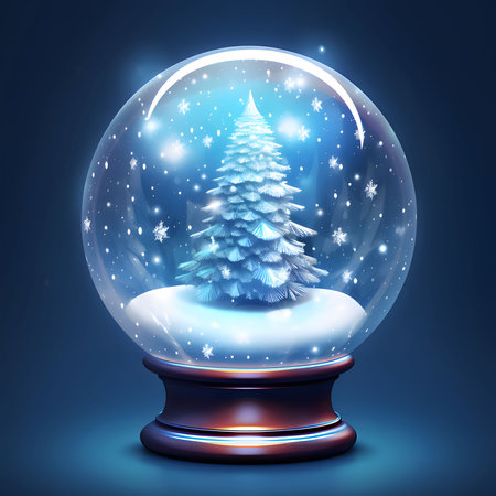 Clare ball and in it a Christmas tree and falling snow. Xmas tree as a symbol of Christmas of the birth of the Savior. A time of joy and celebration.の写真素材