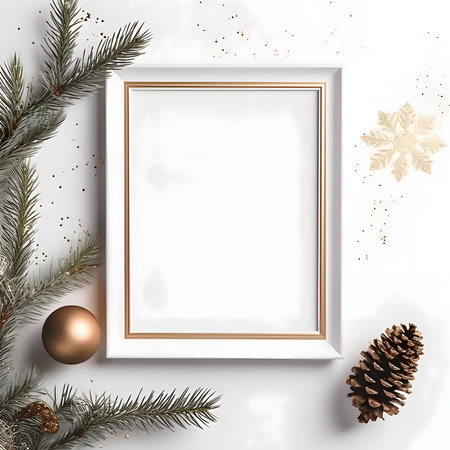 A blank white card with a frame, around Christmas decorations, pine branches, baubles and a Christmas tree. A time of joy and celebration.の写真素材