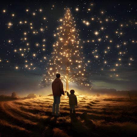 A father and his son in a clearing, observing a large Christmas tree with illuminated lights at night. Xmas tree as a symbol of Christmas of the birth of the Savior. A time of joy and celebration.の写真素材