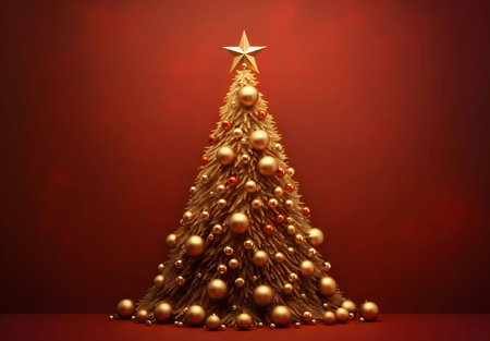 Side view of 3D Christmas tree with gold baubles on red background.Christmas banner with space for your own content. Blank field for the inscription.の写真素材