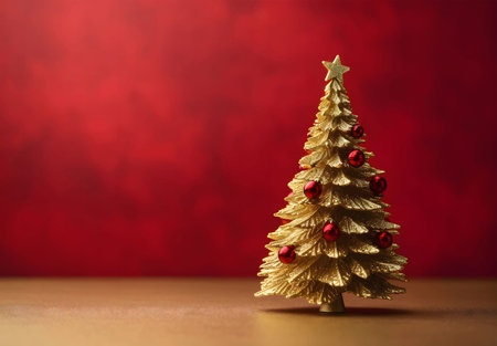Side view of 3D Christmas tree with red baubles on the right on red background.Christmas banner with space for your own content. Blank field for the inscription.の写真素材
