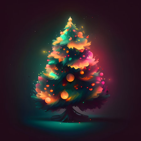 Paint-painted Christmas tree on a dark background. Xmas tree as a symbol of Christmas of the birth of the Savior. A time of joy and celebration.の写真素材