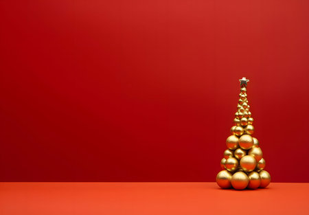 Side view of 3D Christmas tree with gold baubles on the right on red background.Christmas banner with space for your own content. Blank field for the inscription.の写真素材