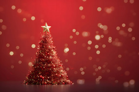Small Christmas tree with red baubles on the left, side view on red background with bokeh effect.Christmas banner with space for your own content. Blank field for the inscription.の写真素材