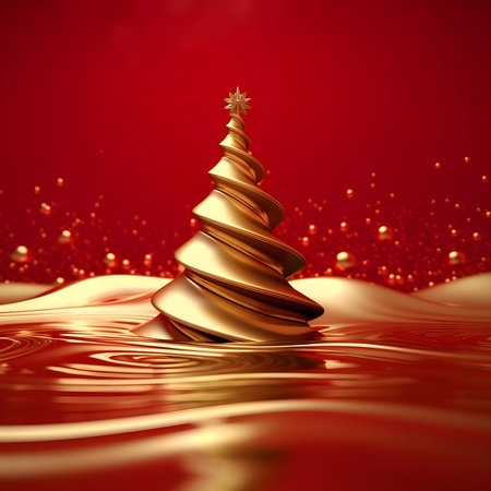 Abstract gold Christmas tree emerging from water on red. Xmas tree as a symbol of Christmas of the birth of the Savior. A time of joy and celebration.の写真素材