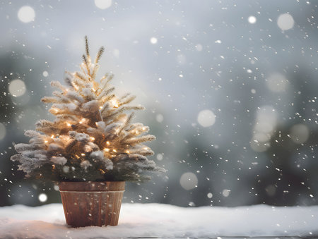 Small Christmas tree in a pot on the left, side view, snow falling in the background.Christmas banner with space for your own content. Blank field for the inscription.の写真素材