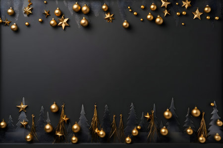 Gold baubles and stars at the top and bottom. A dark field in the middle with space for your own content.Christmas banner with space for your own content. Blank field for the inscription.の写真素材