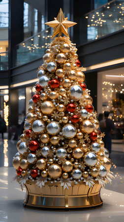 Christmas tree made of baubles and stars in a shopping center. Xmas tree as a symbol of Christmas of the birth of the Savior. A time of joy and celebration.の写真素材