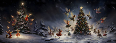 Jumping elves to the Christmas tree circle in a winter climate. Xmas tree as a symbol of Christmas of the birth of the Savior. A time of joy and celebration.の写真素材