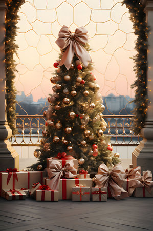 Christmas tree with a big bow and gold baubles around gifts on the balcony. Xmas tree as a symbol of Christmas of the birth of the Savior. A time of joy and celebration.の写真素材