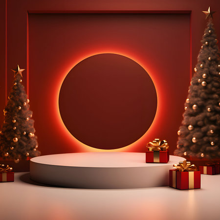 Christmas trees and gifts. In the middle a circle with space for your own content. Red background.Christmas banner with space for your own content. Blank field for the inscription.の写真素材