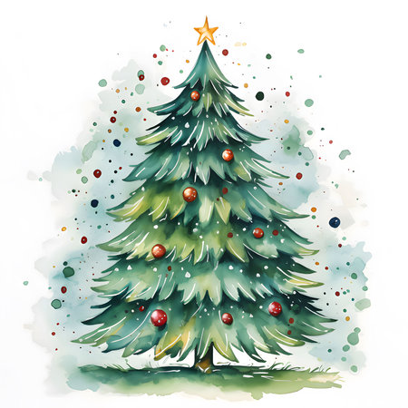 Painted Christmas tree with baubles watercolor paints. White background. Xmas tree as a symbol of Christmas of the birth of the Savior. A time of joy and celebration.の写真素材