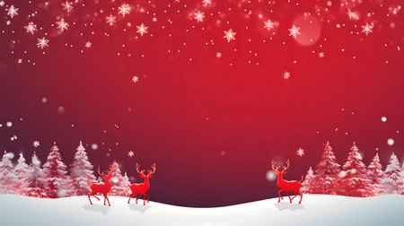 Red reindeer and Christmas trees on the sides red background and falling snow.Christmas banner with space for your own content. Blank field for the inscription.の写真素材