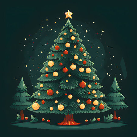 Illustration of a Christmas tree with colorful baubles on a dark background. Xmas tree as a symbol of Christmas of the birth of the Savior. A time of joy and celebration.の写真素材