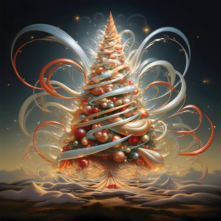 Abstract Christmas tree with gold and silver stripes. Xmas tree as a symbol of Christmas of the birth of the Savior. A time of joy and celebration.の写真素材